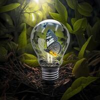 content, Earth Day. butterfly in a light bulb against the backdrop of a summerforest. photo