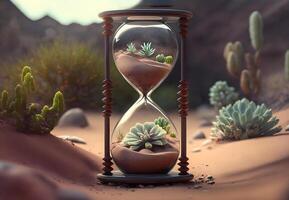 content, vintage hourglass on the background of the desert, sandstorms. photo