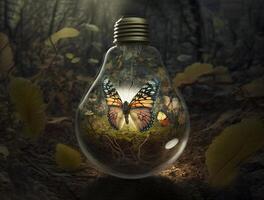 content, Earth Day. butterfly in a light bulb against the backdrop of a summerforest. photo