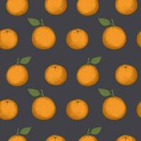 Pattern with tangerines. Seamless repeating pattern with clementines, citrus plant. Hand drawn in vintage style. Colored background with repetition, fruit motif. Design element. Vector illustration
