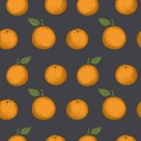 Pattern with tangerines. Seamless repeating pattern with clementines, citrus plant. Hand drawn in vintage style. Colored background with repetition, fruit motif. Design element. Vector illustration