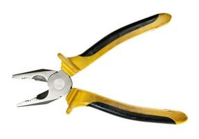 open pliers with yellow rubber handle isolated photo