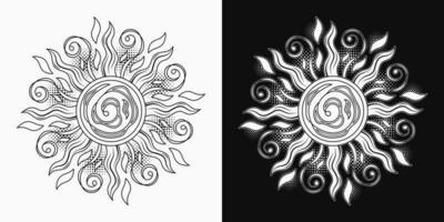 Sun with spirals, swirls, halftone shapes. Concept of harmony and balance. Monochrome illustration in vintage style on black, white background. Solar traditional sign. Good for groovy, hippie style vector