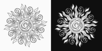 Sun with spirals, swirls, halftone shapes. Concept of harmony and balance. Monochrome illustration in vintage style on black, white background. Solar traditional sign. Good for groovy, hippie style vector