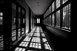 Abstraction of architecturalspatial design with the rhythm of windows shadows and walls corridor without people bw bright sunlight contrast. AI Generated photo