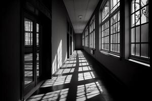 Abstraction of architecturalspatial design with the rhythm of windows shadows and walls corridor without people bw bright sunlight contrast. photo