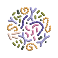 3d render Mocrobione in round shape concept. Bifidobacterium lactobacillus streptococcus thermophilus lactococcus propionibacterium. Probiotics elements for Brochure, cover, poster. illustration. png