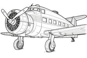 Black and White Cartoon Illustration of Vintage Plane Flying in the Sky for Coloring Book. photo