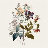 Hand drawn watercolor illustration of wild flowers and herbs. Isolated on white background.. photo