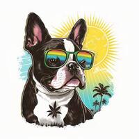 French bulldog in sunglasses on the background of the sun. illustration.. photo