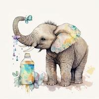 Watercolor illustration of a cute elephant with a bottle of essential oil. photo