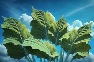 Close up of sunflower leaves with blue sky and clouds background.. photo