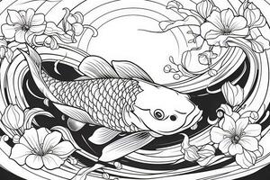 Coloring page for adults black and white pattern. Fishes frolic fun in a flowering pond. Seamless oriental texture with water Lily leaves, fishes and other water inhabitants.. photo