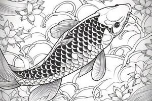 Coloring page for adults black and white pattern. Fishes frolic fun in a flowering pond. Seamless oriental texture with water Lily leaves, fishes and other water inhabitants.. photo