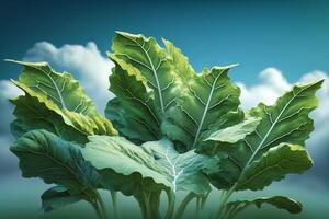 Cabbage leaves on blue sky background. Toned image. Copy space.. photo