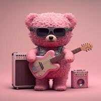osito de peluche oso con guitarra y amplificador en rosado antecedentes. 3d renderizado..generativo ai foto