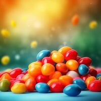 Colorful candies on colorful bokeh background, close up. photo