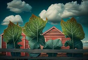Cabbage growing in front of a red wooden house 3d render. photo
