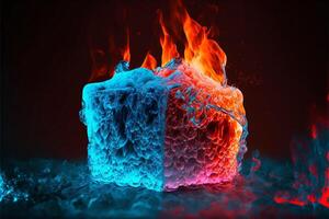 The piece of ice burns with fire and melts. illustration. photo