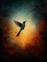 Illustration of a flying Hummingbird in the autumn forest.. photo
