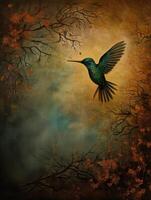 Illustration of a flying Hummingbird in the autumn forest.. photo