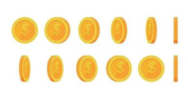 Gold coin animation.rotation icons in different angles. money turn around .games and apps flat vector illustration