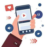 Hand holding phone with video or audio.Video window interface .Media player screen .Social network. vector