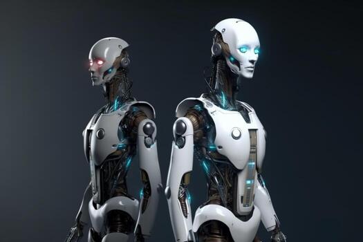 A robot with red eyes and a blue light on the face created with technology photo