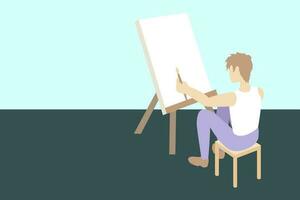 Boy sitting on a chair with brush in hand. Young boy in front of empty canvas. vector