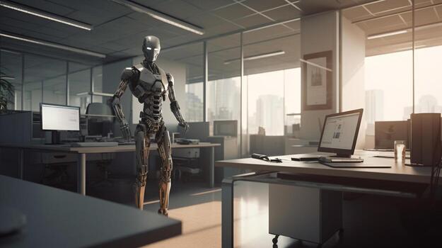 A robot in an office with a desk and a window created with technology photo