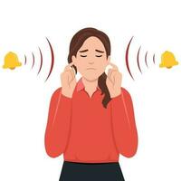 Woman with closed eyes is plugging her ears with fingers when suffering from tinnitus. Red bells as symbol of unbearable ringing in ears. Concept of diseases of hearing organs or neurology problems vector