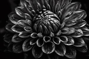 Details of dahlia flower macro photography black and white photo emphasizing texture high contrast and intricate floral patterns floral head in the center of the frame.