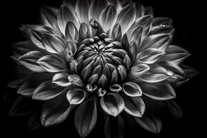 Details of dahlia flower macro photography black and white photo emphasizing texture high contrast and intricate floral patterns floral head in the center of the frame.