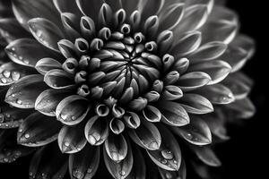 Details of dahlia flower macro photography black and white photo emphasizing texture high contrast and intricate floral patterns floral head in the center of the frame.