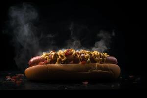 A hot dog with a lot of smoke coming out of it on a dark background aigenerated. photo