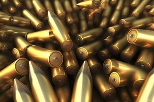 A pile of ammunition for weapons. Cartridges for machine guns and carbines. Background from new shiny cartridges. Neural network photo