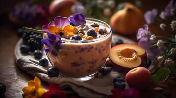 Antioxidant Powerhouse Smoothies A Close-up of a Delicious and Nutrient-Dense Superfood Smoothie Garnished with Fresh Fruit and Edible Flowers photo