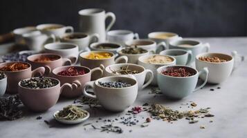 rico en antioxidantes herbario elixires, hierbas y especias empapado en un cerámico taza para té durante un Mañana ritual generativo ai foto