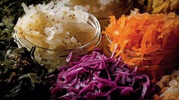 Cultured Cuisine Close-Up, assorted probiotic-rich fermented foods, including sauerkraut, kimchi, and kefir photo