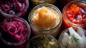 Cultured Cuisine Close-Up, assorted probiotic-rich fermented foods, including sauerkraut, kimchi, and kefir photo