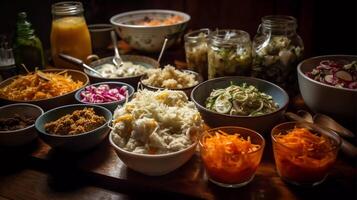 intestino sano fermentación banquete prodigar untado de rico en probióticos fermentado alimentos, incluso Chucrut, kimchi, y kéfir generativo ai foto
