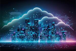 Cloud computing technology above the city concept background, digital illustration, network effect .data transfer cloud computing technology concept. digital smart city at night. photo