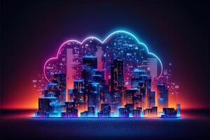 Cloud computing technology above the city concept background, digital illustration, network effect .data transfer cloud computing technology concept. digital smart city at night. photo