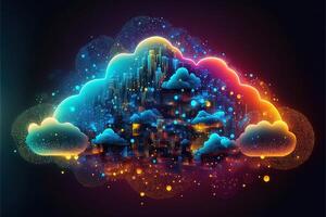 Cloud computing technology above the city concept background, digital illustration, network effect .data transfer cloud computing technology concept. digital smart city at night. photo