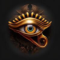 generativo ai el dorado ojo de horus con dorado efecto en negro fondo, representación de el solar ojo o el ojo de real academia de bellas artes, símbolo de el antiguo egipcio Dios de el Dom foto