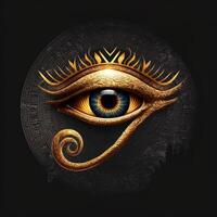 generativo ai el dorado ojo de horus con dorado efecto en negro fondo, representación de el solar ojo o el ojo de real academia de bellas artes, símbolo de el antiguo egipcio Dios de el Dom foto