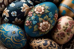 de cerca de pintado huevos con floral patrones, Pascua de Resurrección huevos para Pascua de Resurrección celebracion, generativo ai. primavera concepto Pascua de Resurrección huevos iridiscente color, lustroso y nacarado. foto