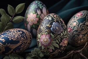 Close-up of painted eggs with floral patterns, easter eggs for easter celebration, . Spring concept Easter eggs iridescent color, lustrous and pearly. photo