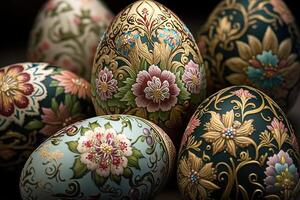 Close-up of painted eggs with floral patterns, easter eggs for easter celebration, . Spring concept Easter eggs iridescent color, lustrous and pearly. photo