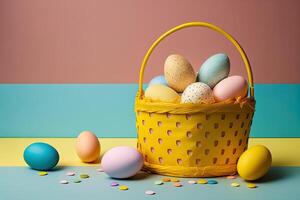 easter eggs in a basket against the backdrop of a white room, yellow pastel colors. Spring concept Easter eggs iridescent color, lustrous and pearly. Illustration photo